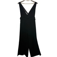 ASOS Black Wide Leg Jumpsuit Size 12 Belted Sleeveless V Neck Plunge Split Leg