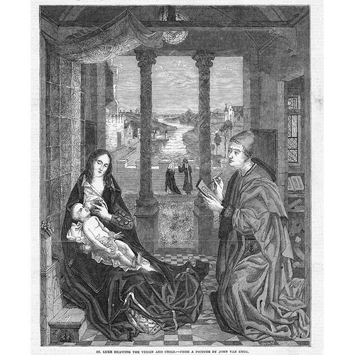 St Luke Drawing the Infant and Child by John Van Eyck - Antique Print 1849