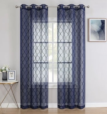 Blue Sheer Geometric Grommet-Top Curtain Panel 38 x 95 in, Light Filtering