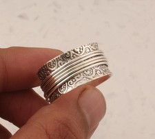 Solid 925 Sterling Silver Engraved Band Spinner Ring   Handmade Textured Five R