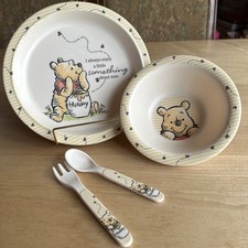Vintage Winnie the Pooh Melamine Kids Plate, Bowl,  Baby Spoon  Fork EUC E 
