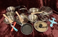 HUGE lot of 21 miniature pots and pans with lids and utensils  Airplane Spoon