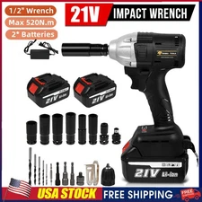 520Nm Cordless Electric Impact Wrench Gun 1/2'' High Power Driver&2 Batteries US