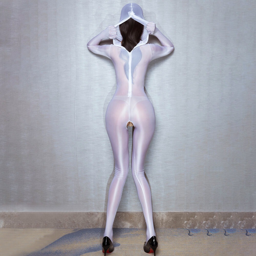 Women Sheer Shiny Zipper Zentai Jumpsuit Glossy Bodystocking Mask Hood ...
