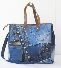 Denim tote bag large size long handles Boho upcy ling cotton oversized shopper