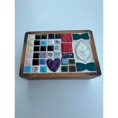 Vintage Handcrafted Mosaic Tile Wood Trinket Jewelry Box Folk Art 6''