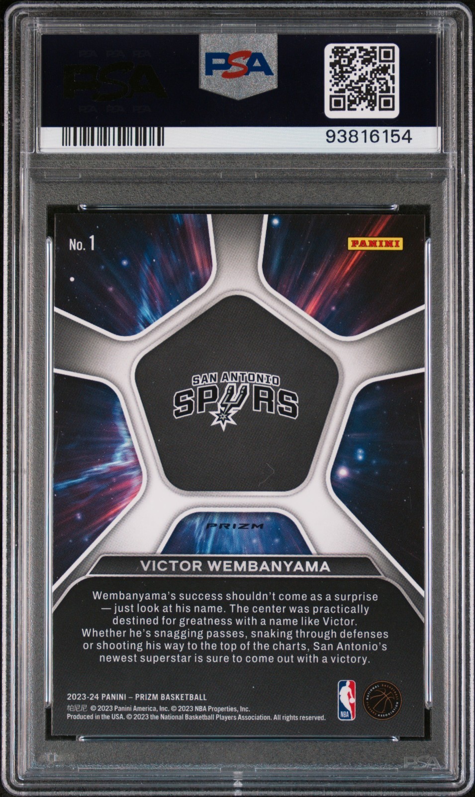 2023-24 Panini Prizm Victor Wembanyama Deep Space Green Prizm RC #1 PSA 10 view 2