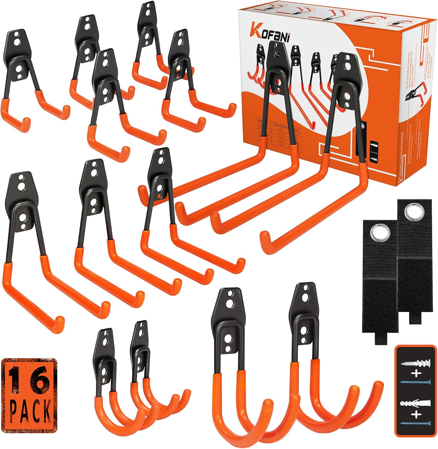 Heavy Duty Steel Hooks, 16 Pack with Anti-Slip Coating - Utility Wall Mount Gara