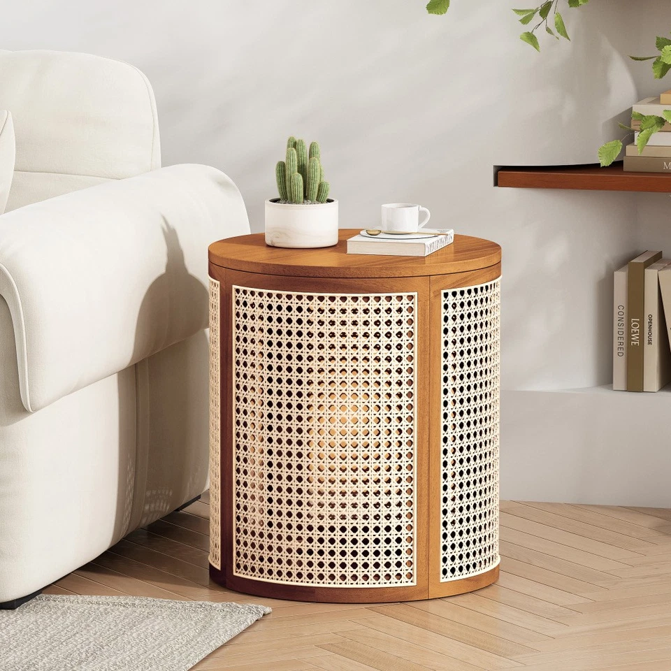 Ochre Rattan Woven Side Table  15.7" Round Rubber Wood Top Easy Assembly - Image 3 of 4