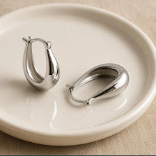 Solid 14K White Gold Hoop Earrings Modern Everyday Earrings Gift For Women's