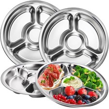 Set of 4 Stainless Steel Divided Plates Portion Control Plates with 4 Section