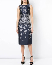 Oscar de la Renta Navy Coral Embroidered Dress Silver Brocade Sleeveless US 6 M