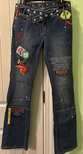 Y2K Request Jeans Women's Size 28x33 (7)  Blue Denim Chic Boho Embroidered Patch