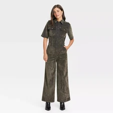 Women's Holiday Short Sleeve Flocked Denim Jumpsuit - Universal Thread