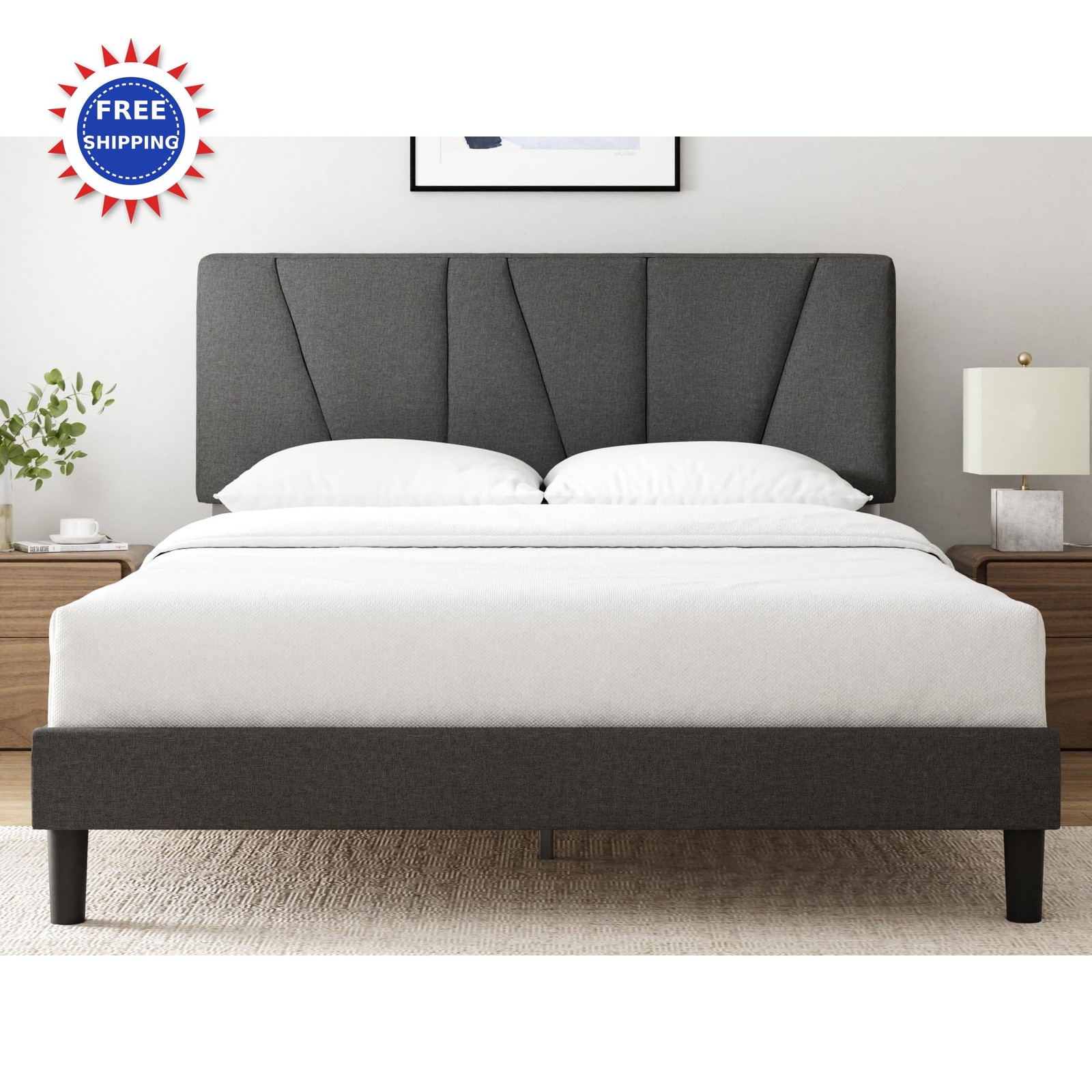 Asymmetric Headboard Durable Wooden Slats