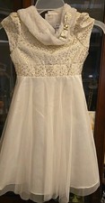 Jona Michelle Girls Beige  Gold Formal Dress Sz 6 Flowing Skirt Netting Beneath