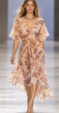 Vintage Wrap Dress 1970s Flowy Sheer Chiffon Flutter Sleeves Fairycore Boho M