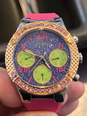 Women's Guees Rockstar Crystal Blue Green Dial Pink Silicone Watch.