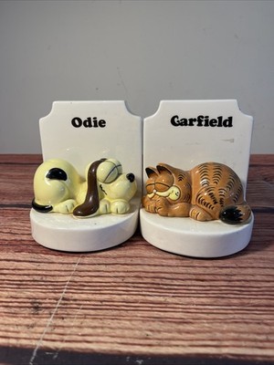 Vintage Garfield The Cat Odie Enesco Ceramic Bookends 1980s Bookplate 1981 Comic