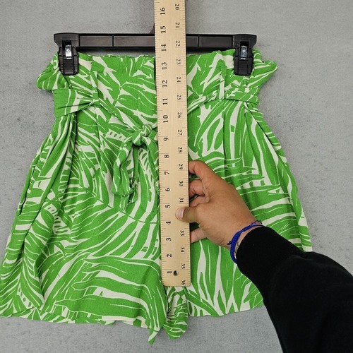 MNG Mango High Rise Paperbag Shorts Womens M Lime Green Tropical Leaf Print Belt - Picture 6 of 8