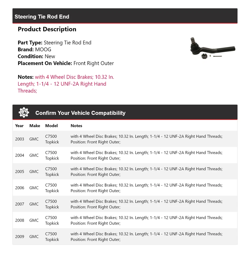 Extremo de varilla de dirección delantero derecho exterior MOOG 2003-2009 GMC C7500 Topkick 2003 Foto 2 de 4