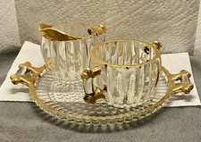 Vintage Jeannette Glass Sugar, Creamer, and Tray Set 24 K trim With Original Box