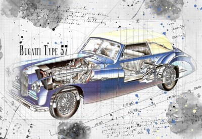 Line Tech Zeichnung Bugatti Typ 57 Auto Classic Cutaway Kunst Posterdruck