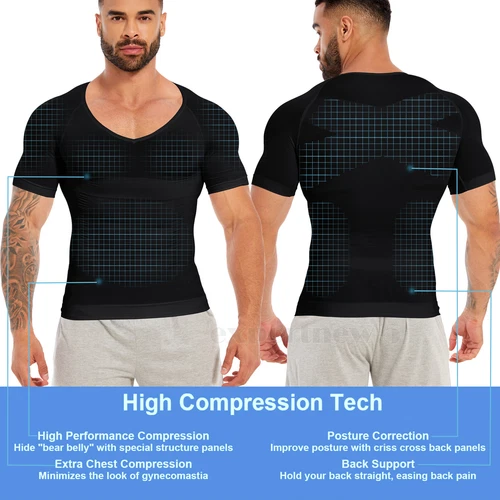 Camiseta de compresión para hombre adelgazante modeladora de cuerpo cuello en V ginecomastia abdomen - Imagen 13 de 49