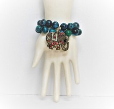 Elephant Pendant Double Strand Blue Marbleized Stone Stretch Bracelet