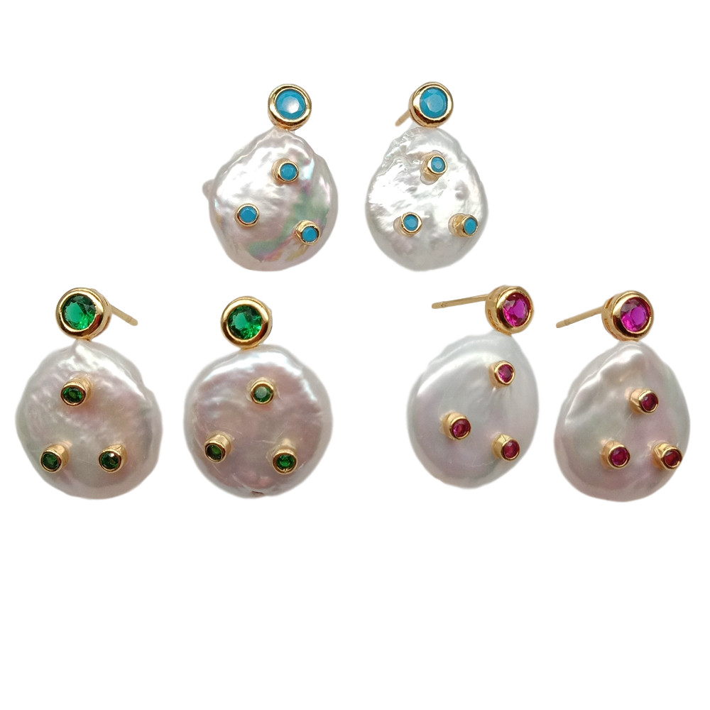 Aretes Muti Color Cz pavé Agua Dulce Moneda Blanca Perla Joyería