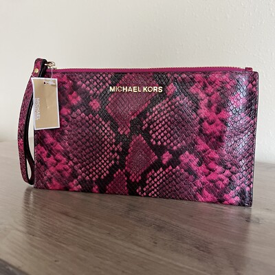 MICHAEL KORS Jet Set Large Zip Clutch Fuschia Snakeskin Embossed Leather NEW