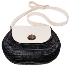 VTG TALBOTS WICKER AND LEATHER PURSE NAVY BLU...