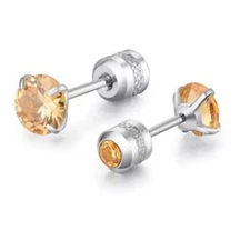 Titanium Stee Silver Stainless Steel Round Champagne CZ Stud Earrings Screw Back