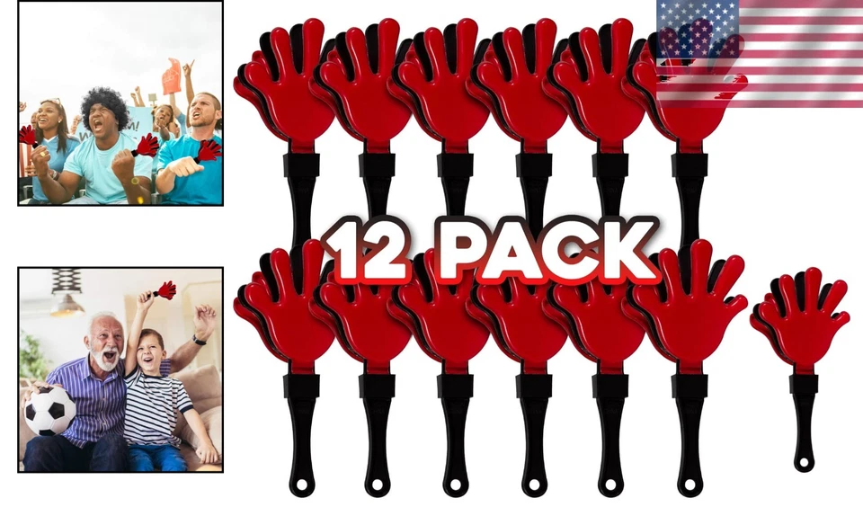 Elementos esenciales para fiestas temáticas deportivas - Paquete de 12 creadores de ruido rojo/negro para aplaudir a mano Foto 2 de 4