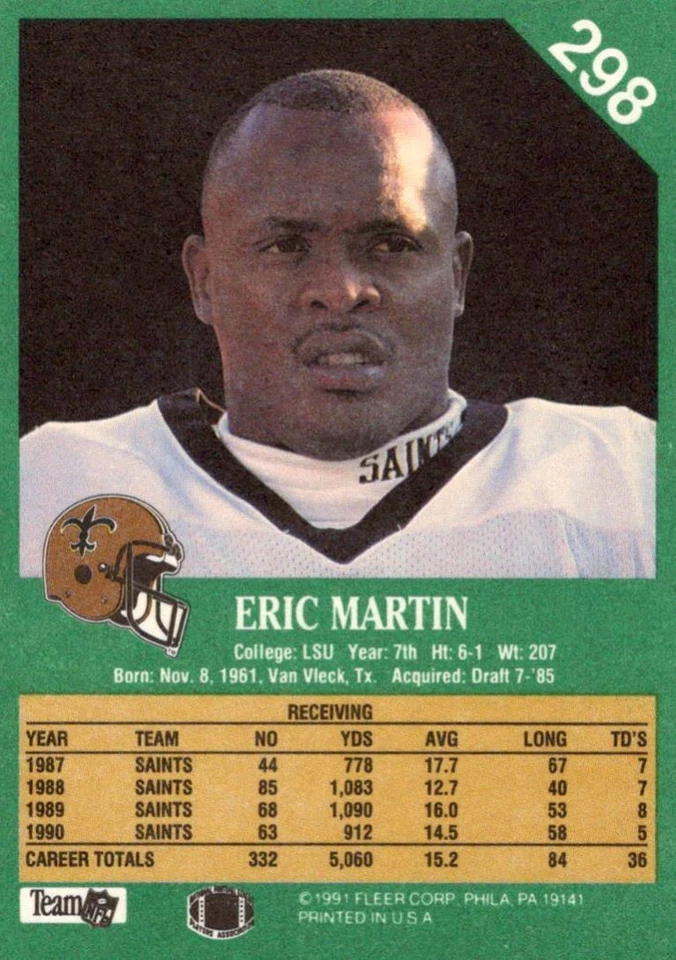 1991 Fleer Eric Martin New Orleans Saints #298 - Image 2 of 2