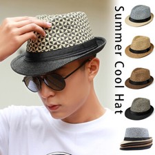 Men's Summer Fedora Hat Trilby Cuban Sun Cap Panama Short Brim Hat