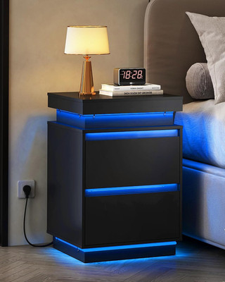Black Nightstand with Charging Station and LED Lights Bedside Table with 2 Wood