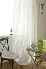 White Rod Pocket Sheer Curtains 96 inches Length Embroidered Window Curtain S...