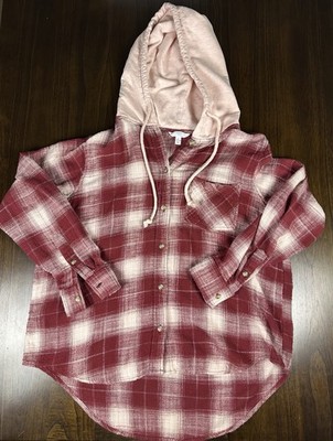 Time & Tru Flannel Shirt Hooded Long Sleeve Button Pink/Burgundy Women s Sz L