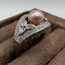 Vtg Sterling Silver Pearl  CZ Ring  Size 8  Art Noveau Elegant Scroll Cut Out