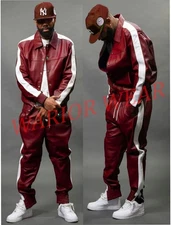 Men's Brayden PU Leather TrackSuit Sweatsuit [Burgundy/White]