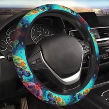 Colorful Sea Turtle Swims Coral Reefs Universal 15-Inch Steering Wheel Cover ◐