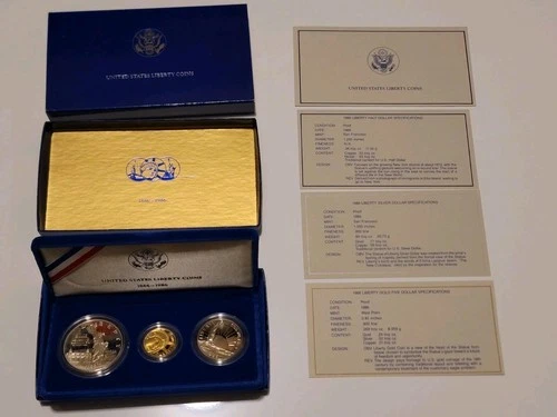 1986 US Liberty Commemorative 3 Coin Proof Set $5 Gold Coin Silver Half Dollar