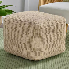 Hand Woven Natural and White Cotton/Jute Square Pouf Ottoman
