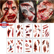10 Sheets Halloween Horror Realistic Tattoo Stickers Cut Blood Wound Scar Makeup