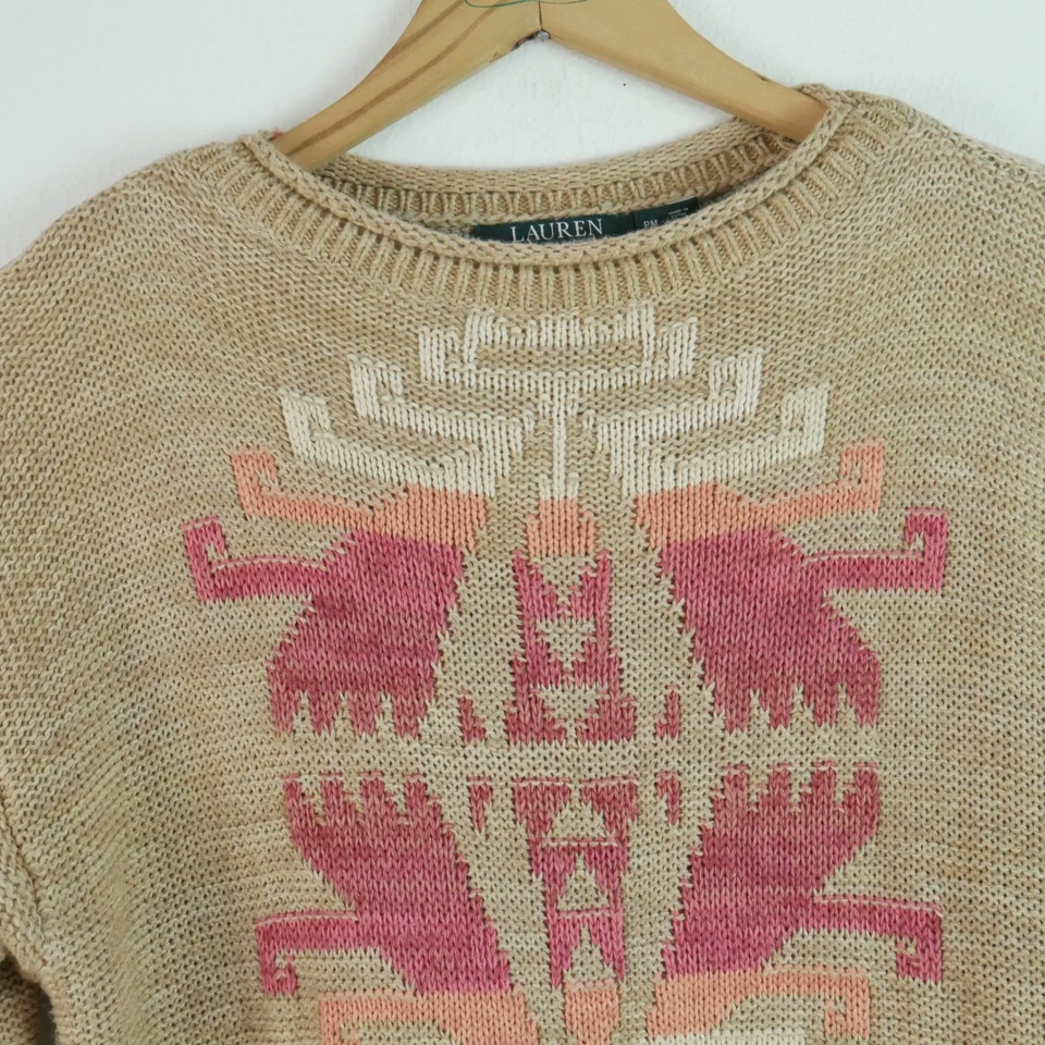 Vintage Lauren Ralph Lauren P M Aztec Sweater Roll Neck Linen Blend Southwestern - Image 4 of 4