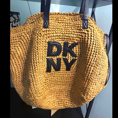 DKNY Women s Natural Logo Tote Bag Black Faux Leather Shoulder Straps