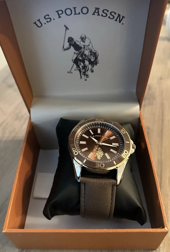 U.S. Polo Assn. Reloj estilo correa de cuero para hombre ~ sin probar / necesita batería nueva como está Foto 3 de 4