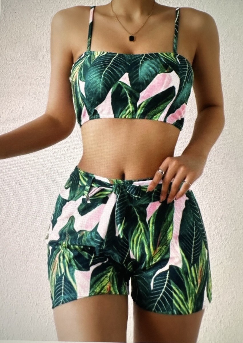 Zaful Swimwear Size M Green Flower High Waist Brazil Bow Boxer