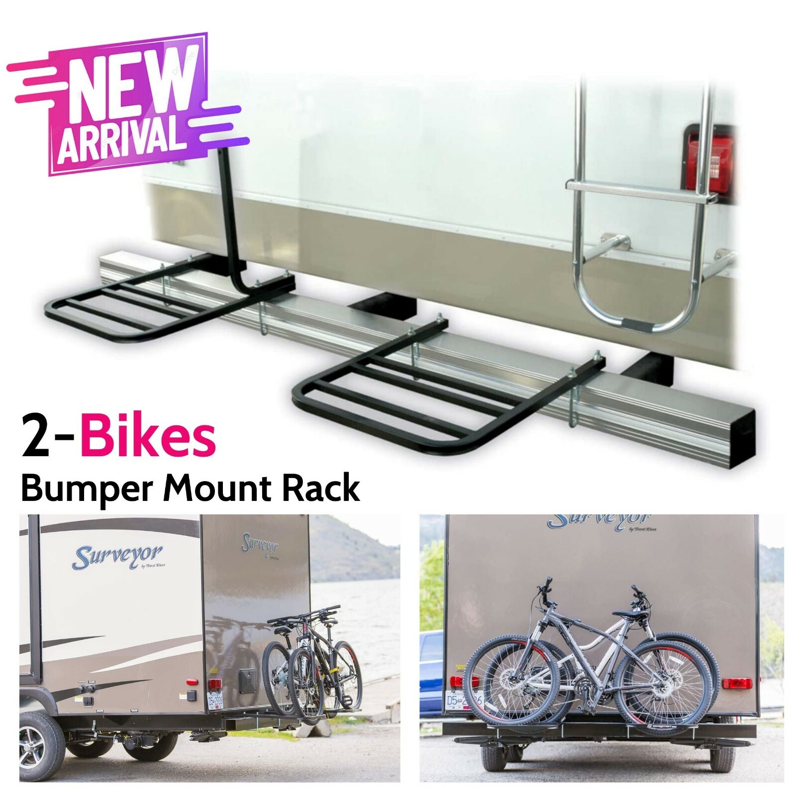 2 Bikes RV Bumper Mount Rack Bicycle Carrier Storage for Camper Travel